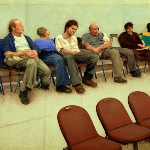 Image similar to werner herzog sits surrounded by empty chairs in the waiting area of the dmv. ultra wide angle, style of edward hopper, wes anderson, award winning, hyperrealistic, art of elysium by jeremy mann and alphonse mucha, dynamic lighting, very detailed face, 4 k