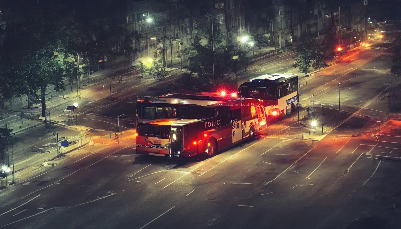 Prompt: Police Bus at night with lights on, photorealistic, cinematic