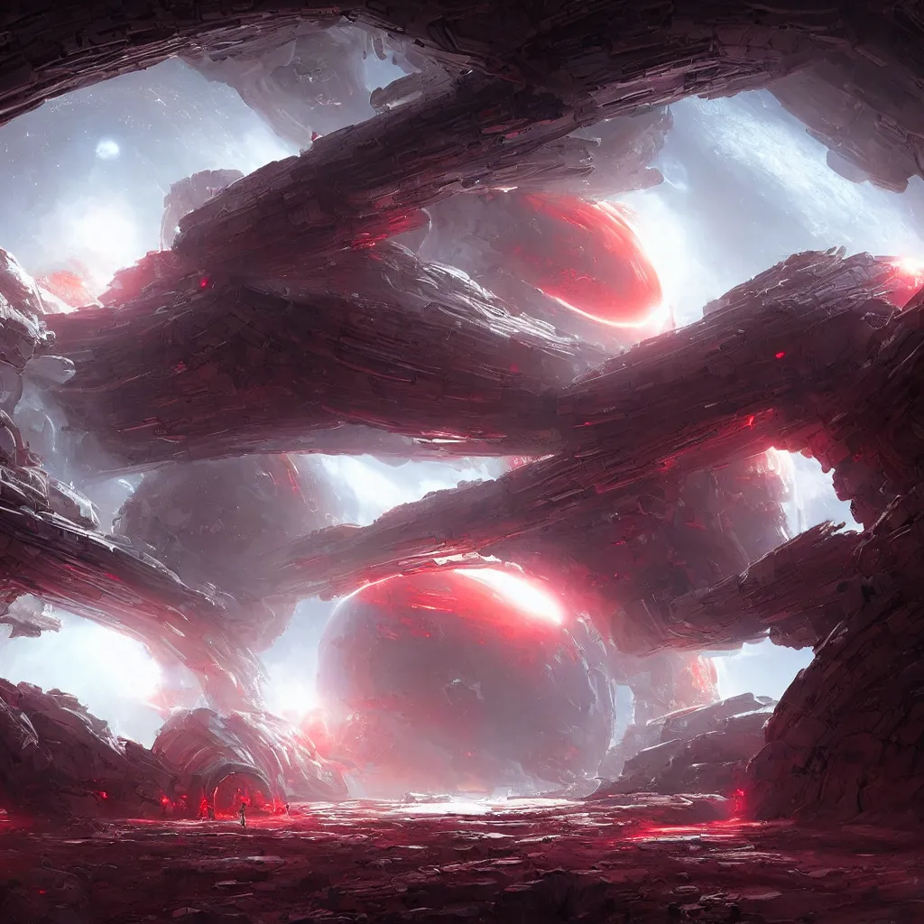 Prompt: scifi portal entrance, dyson sphere program white and red planet, concept art, by greg rutkowski, xray melting colors