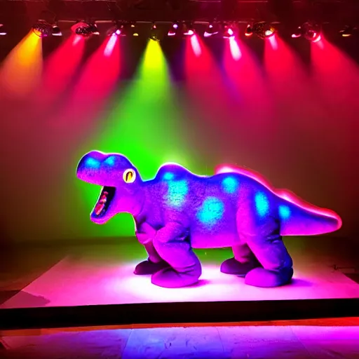 Image similar to Barney the Dinosaur leads a modern worship service, backlit, dramatic stage lighting, fog, neon cross