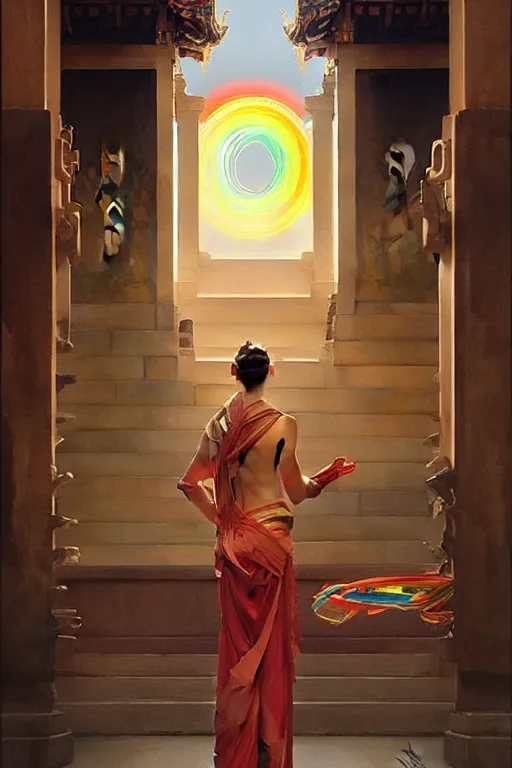 Image similar to temple, taoism, rainbow, painting by greg rutkowski, j. c. leyendecker, artgerm