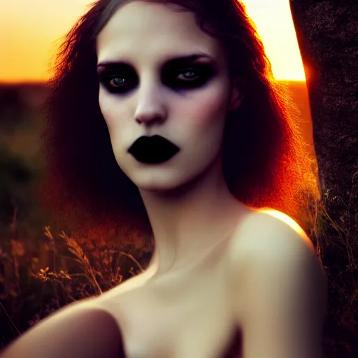 Image similar to photographic portrait of a stunningly beautiful gothic female in soft dreamy light at sunset, contemporary fashion shoot, by edward robert hughes, annie leibovitz and steve mccurry, david lazar, jimmy nelsson, breathtaking, 8 k resolution, extremely detailed, beautiful, establishing shot, artistic, hyperrealistic, beautiful face, octane render