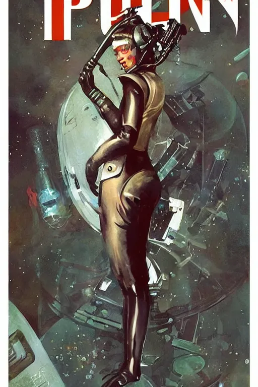 Image similar to pulp scifi fantasy illustration full body portrait of elegant woman wearing latex spacesuit shooting retro ray gun at alien, by norman rockwell, jack kirby, bergey, craig mullins, ruan jia, jeremy mann, tom lovell, 5 0 s, astounding stories, fantasy