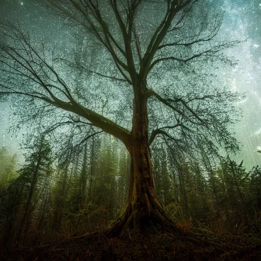 Image similar to photo of a tree on a forest landscape, harsh flash,