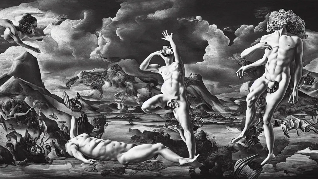 Image similar to the newest masterpiece of salvador dali inspired by dan hillier, it is called ; the creation of adam