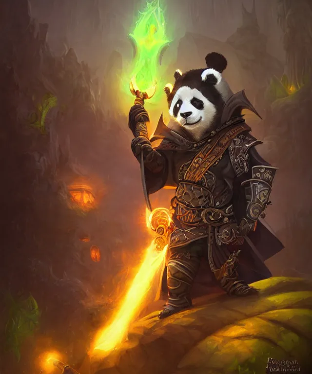 Prompt: a portrait an anthropomorphic panda warlock holding a staff, wearing warlock robes with spiked shoulders, landscape in background, dnd character art portrait, world of warcraft style, by peter mohrbacher, cinematic lighting