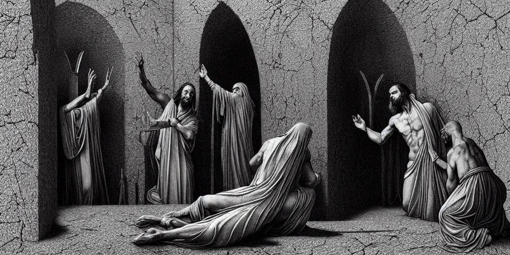 Prompt: jesus rots bodily inside his tomb in graphic detail, crime scene photography, d & d, fantasy, intricate, artstation, matte, sharp focus, illustration, zdzisław beksinski, gustave dore, caravaggio, abduzeedo