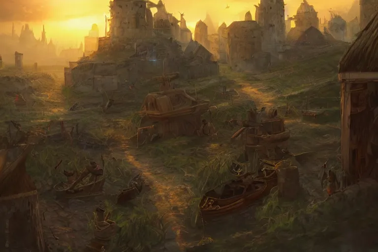 Image similar to allies who long spoke in one voice now squabble over petty differences. merchants seize farmland to build their roads ; farmers uproot sacred groves to plant their crops. sunset lighting ominous shadows, cinematic fantasy painting, dungeons and dragons, peaceful evening harbor, port, medieval coastal village, jessica rossier and brian froud