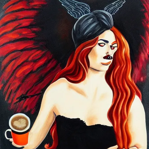 Prompt: painting in style of greg capullo, very young, dark angel of coffee, the extremely hot and sexy, shiny black dress, long red hair, freckles, orange halo around her head, black wings, huge cup of coffee