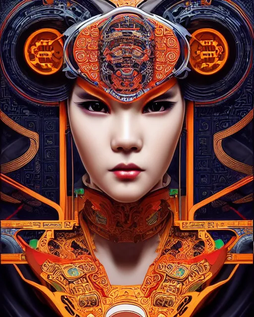 Image similar to portrait of a cyberpunk machine, machine face, upper half portrait, decorated with chinese opera motifs, asian, fine china, traditional chinese art, intricate, elegant, highly detailed, symmetry, headpiece, digital painting, artstation, concept art, smooth, sharp focus, illustration, art by artgerm and greg rutkowski and alphonse mucha, 8 k