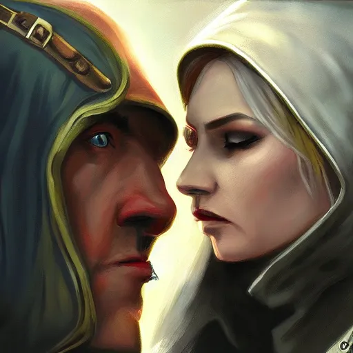 Image similar to Portrait of Sylvanas Windrunner and Adolf Hitler kissing, cinematic shot, trending on artstationhq, oil on canvas