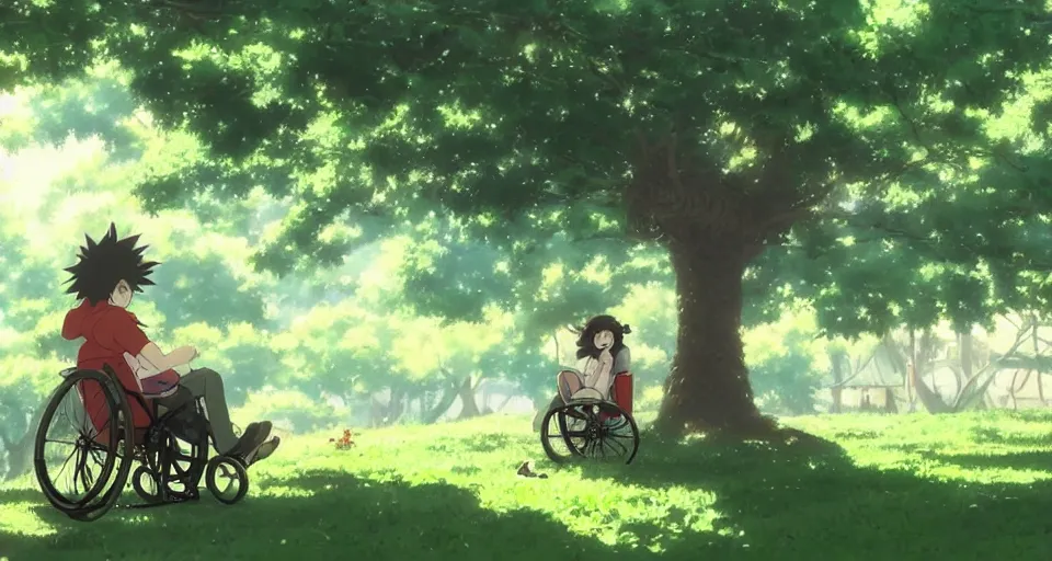 Prompt: a green long - haired boy in a wheelchair under a tree, day, sunshine, warm colors, relaxing, calm, cozy, peaceful, by mamoru hosoda, hayao miyazaki, makoto shinkai