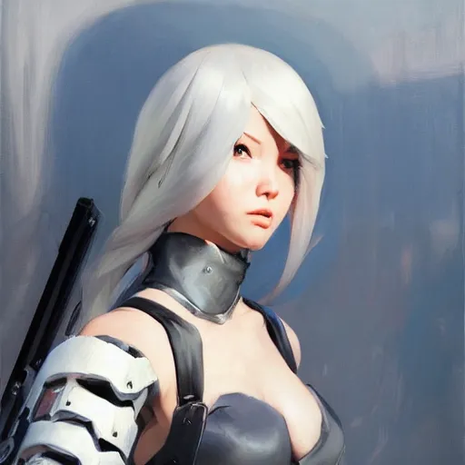 Image similar to greg manchess portrait painting of a 2 yorha type a no. 2 as overwatch character, white long hair, medium shot, asymmetrical, profile picture, organic painting, sunny day, matte painting, bold shapes, hard edges, street art, trending on artstation, by huang guangjian and gil elvgren and sachin teng