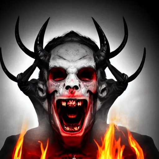 Image similar to the _ devil _ holding _ a _ skull _ red _ horns _ ominous _ fiery _ background _ symmetrical _ detailed _ face _ despair _ highly _ detailed _ high _ resolution _ sandro _ botticel