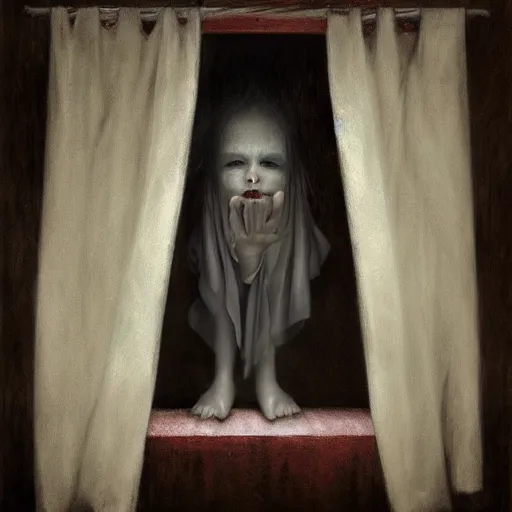 Prompt: Curtain Ghost by Mark Arian, dark, horror, surrealism, horror scene of a child staring outside the window. Screaming for help by Santiago Caruso, Stefan Koidl and Kentaro Miura