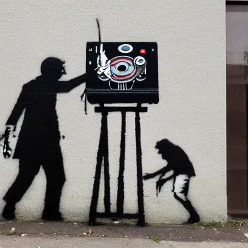 Image similar to a banksy street art depicting a disc jockey