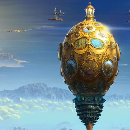 Prompt: enormous flying city in a gigantic faberge egg, sky, steampunk, flying islands, fantasy art, unreal engine,