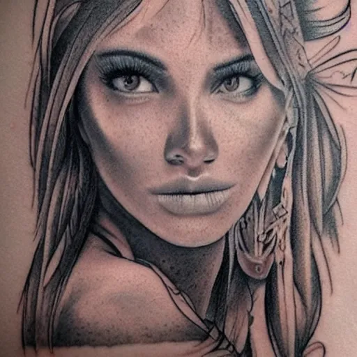 Image similar to tattoo design sketch of a beautiful girl, on beautiful mountain scenery, hyper realistic