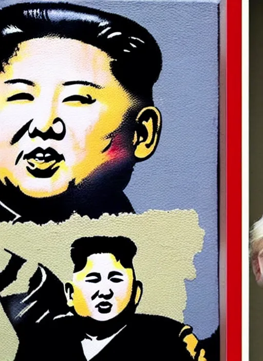 Image similar to banksy trump made peace with kim jong un art on canvas