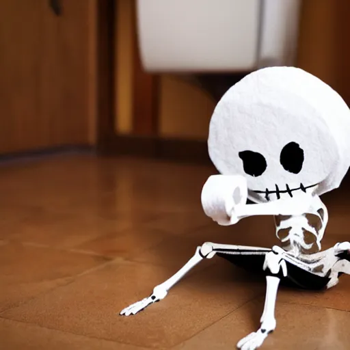 Image similar to toilet paper skeleton, pet, finds toilet paper while exploring + 5 strangeness