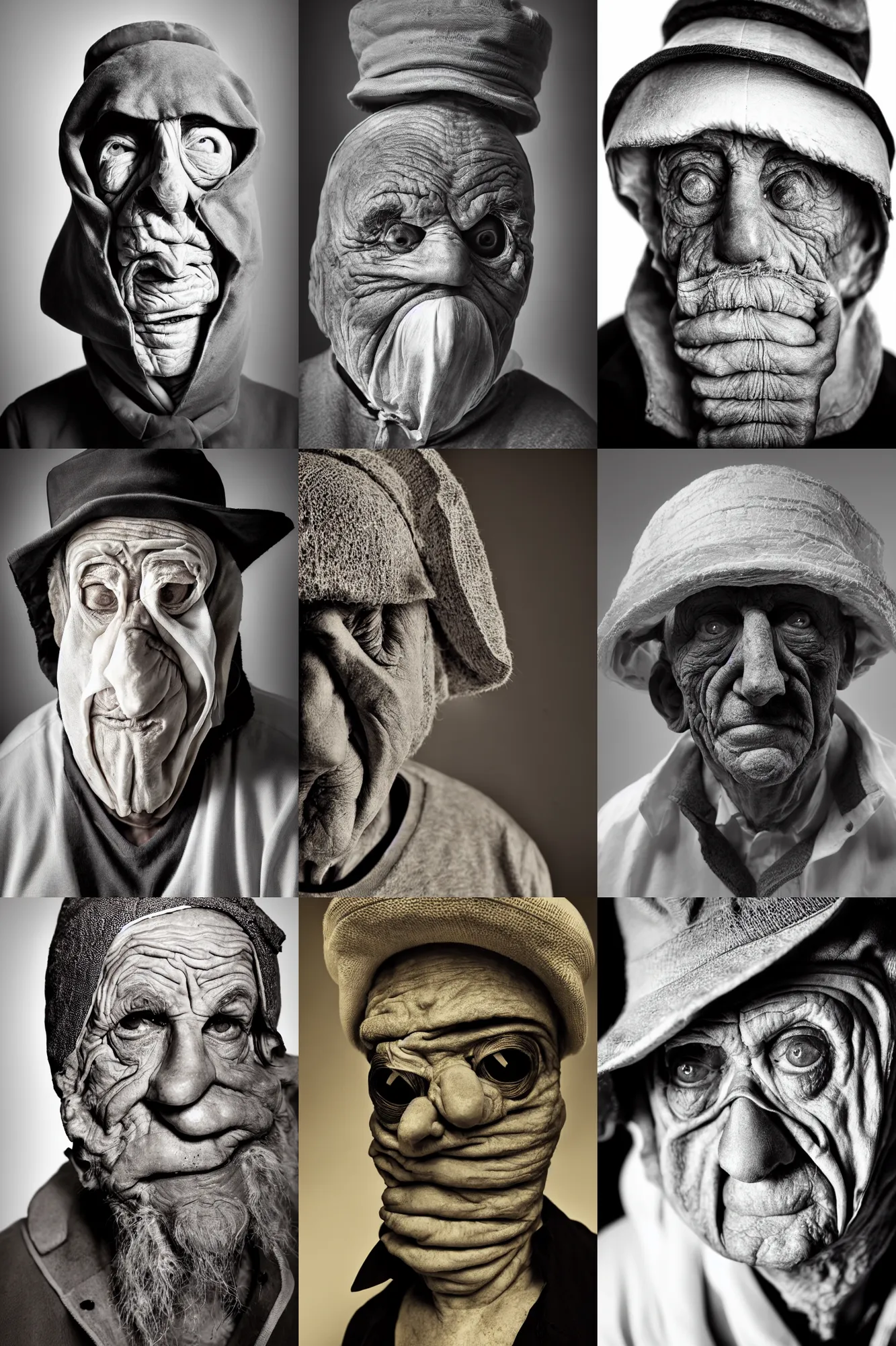 Prompt: high contrast studio close - up portrait of a wrinkled old man wearing a pulcinella mask, clear eyes looking into camera, baggy clothing and hat, backlit, dark mood, nikon, photo by kenneth willardt, masterpiece