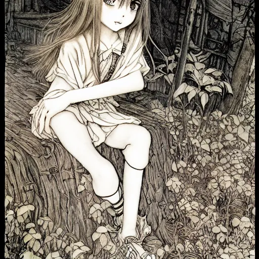 Image similar to photo of a cute young anime-style girl in the style of Arthur Rackham, realistic, wide focus, 8k ultra, insanely detailed, intricate, elegant, art by Laurie Lipton, digital art by James Clyne, art by Steve Hanks