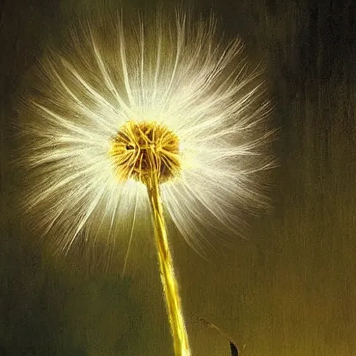 Prompt: a beautiful fairytale painting of a dandelion seed that looks like a fairy. beautiful clear painting by greg rutkowski