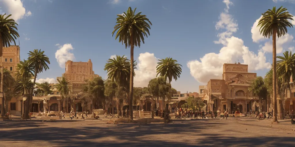 Image similar to khedival opera house, talaat Harb Square cairo, epic wide shot, beautiful clouds, concept art by pixar, dappled afternoon sunlight, acacia trees, date palm trees, shrubs, flowers, 4k, fujifilm, octane render, artstation