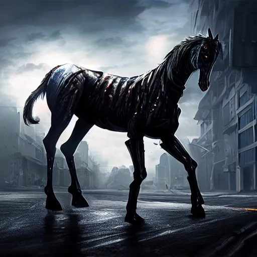 Prompt: apocalyptic, a terminator horse walking on the future street. smoke. volumetric lighting, sharp focus, ultra detailed, cgsociety - w 1 0 2 4 - n 8 - i