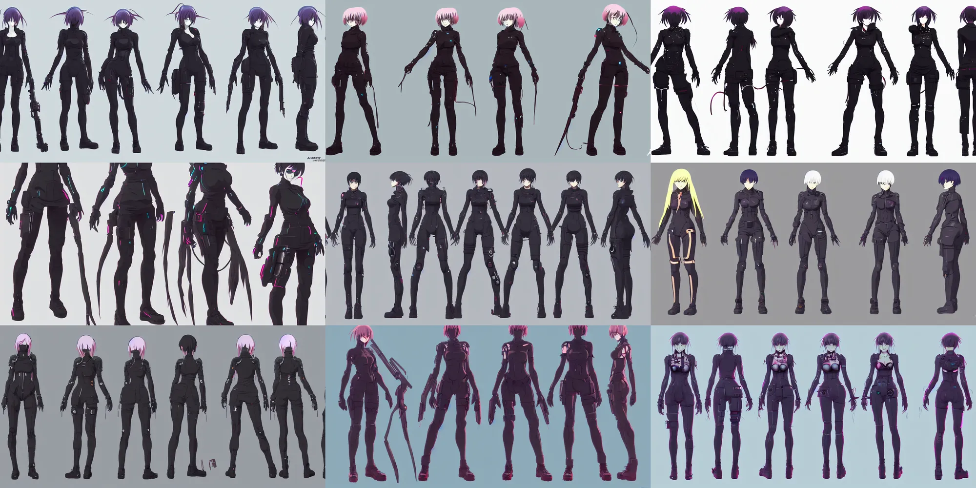 Prompt: full body anime cyberpunk female character clean concepts by senior concept artist in the anime film, featured on artstation, cel shaded, 2 d