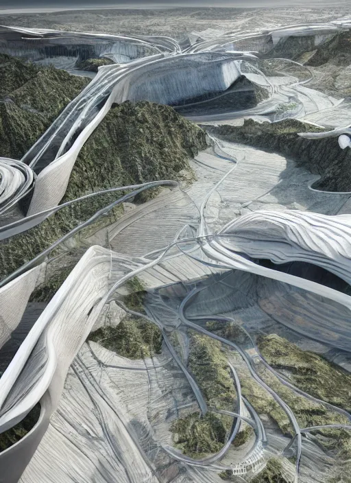 Image similar to techno chuquicamata bioremediation white mining tailing futuristic horizontal architecture, epic, cinematic, hyperealistic, high detailed, corona render, hdr, ray tracing