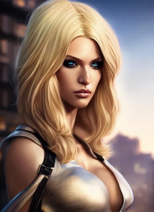 Image similar to photo of a gorgeous blonde female in cyperpunk city, realistic, sharp focus, 8 k high definition, insanely detailed, intricate, elegant, art by and stanley lau and artgerm, greg kutkowski, high contrast dramatic lighting