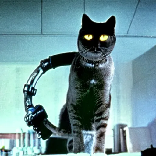 Image similar to a still of a cat as the terminator ( 1 9 8 4 ), glowing eyes metallic
