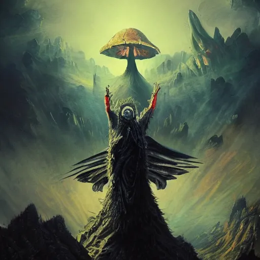 Image similar to scary , epic , Post-processing , low angle , Greg rutkowski legendary matte painting , masterpiece , 8K centered headshot Portrait of a psychedelic godlike mothman posing with a cigar with giant mandala wings smoking a hand-rolled cigarette smoking heavily , magic mushroom village in background , post-processing , award winning. superb resolution. in the art style of Satoshi Kon and Greg Rutkowski , Detailed Mushroom city in background , Hyper realistic anime , Perfect art , Dalle2