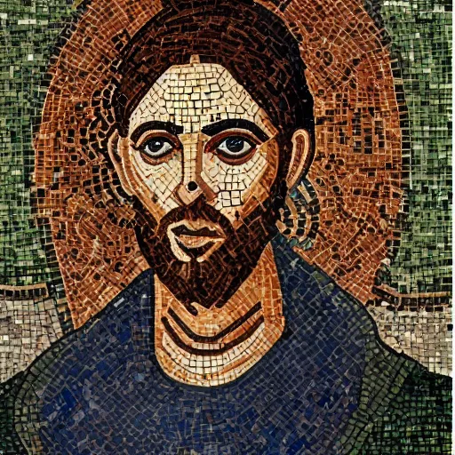 prompthunt: byzantine mosaic of gigachad, perfect face, perfect eyes,  strong jaw, centered, awarded photo, intricated, very detailed, highly  qualified