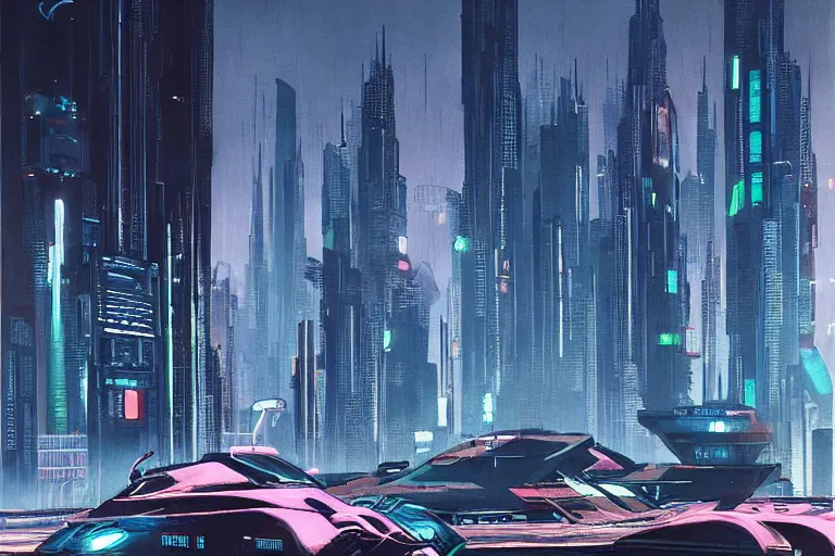 Image similar to City Scape with Flying Cars. in cyberpunk style by Vincent Di Fate