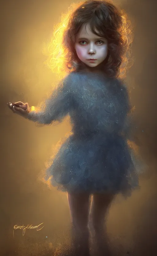 Image similar to soot covered little girl, sharp focus, intricate, elegant, digital painting, artstation, matte, highly detailed, concept art, illustration, volumetric lighting, gold and blue and pink color scheme, bokeh light, art by greg olsen and liz lemon swindle