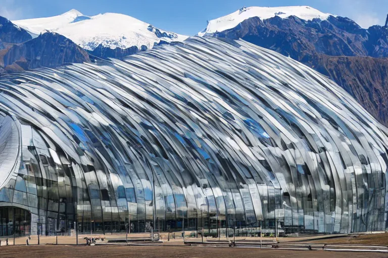 Image similar to architecture photo modern fachwerk giant opera building settlement with Elbrus mountain on the background, architecture, photorealism 8k , shining and happy atmosphere, uplight, high details