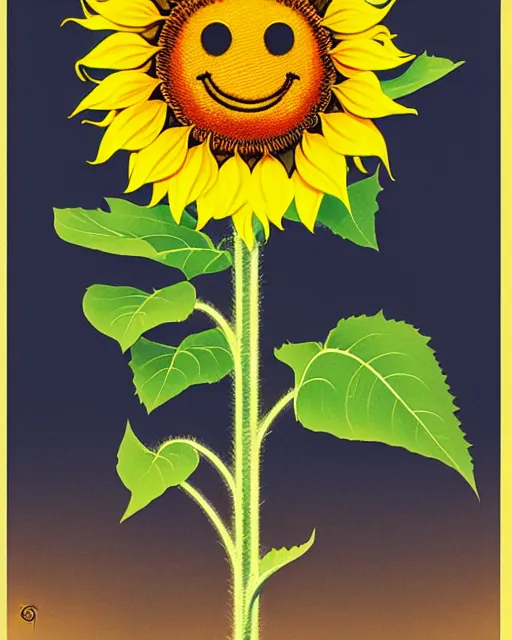 Prompt: sunflower with a smiley face central, by koson ohara, by darwyn cooke, by greg rutkowski, by satoshi kon