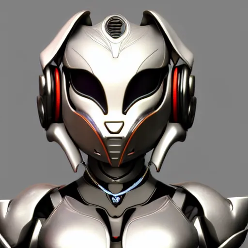 Image similar to close up bust of a cute stunning robot anthropomorphic female dragon, with sleek silver armor, wearing headphones made of wood, detailed digital art, furry art, warframe art, destiny art, high quality, 3D realistic, Furaffinity, Deviantart