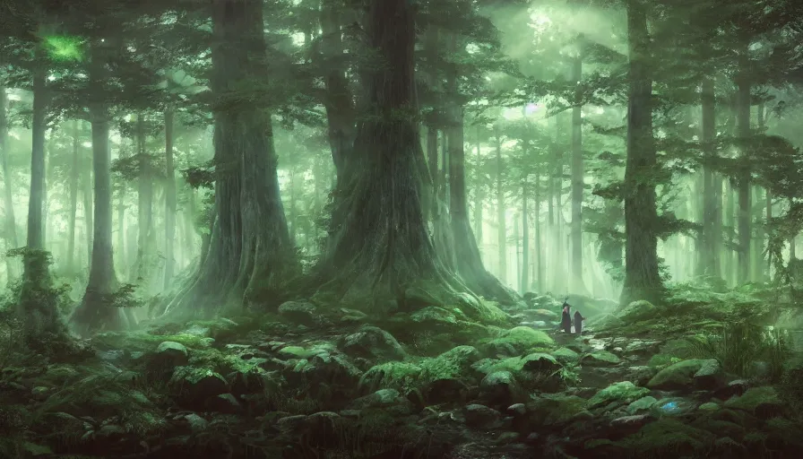 Prompt: beautiful ancient forest, matte painting, beautifully painted, beautiful lighting, enchanted forest, jeremy lipking, studio ghibli, princess mononoke, 8 k, rays of light, amazing detail, princess mononoke background paintings, hayao miyazaki, kazuo oga, enchanted lighting, high contrast, rule of thirds, bright green moss, japanese woodblock prints