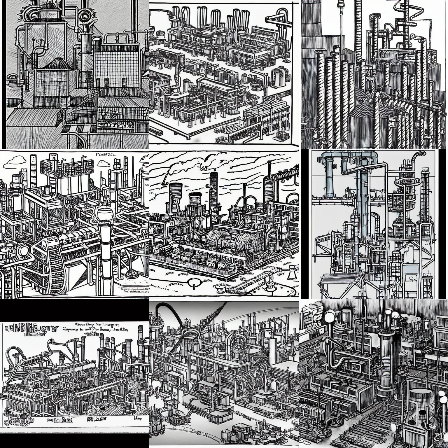 Prompt: an industrial factory, drawn by doctor seuss, intricate, detailed