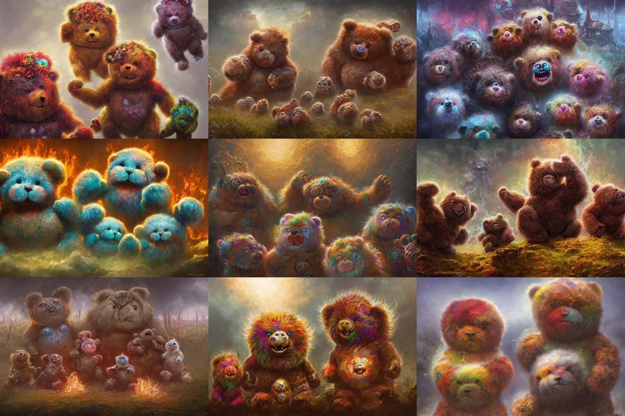 Prompt: highly detailed elden ring portrait photo of multicolored furbolg care bears with different symbol burned on their bellies, tormenting the souls of the damned ontop a cloudy hell, hyperrealistic illustration by william didier pouget and tomasz alen kopera