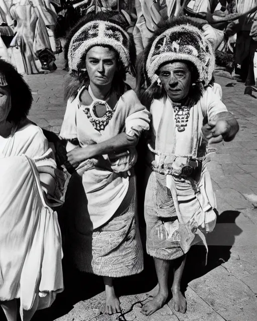 Image similar to Award winning reportage photo of Monegasque Natives with incredible hair wearing traditional garb by Garry Winogrand and Dian Arbus, 85mm ND 5, perfect lighting, gelatin silver process