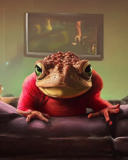 Prompt: hyper realistic oil painting of toad watching pc movie and chill on the couch, vibrant colors, high contrast, by greg rutkowski, trending on artstation, cartoonist, caricaturist