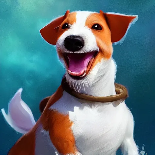 Image similar to adorable jack russel terrier laughing, fantasy art, artstation character design contest winner, trending on cgsociety, concept art, speedpaint, beautiful digital art, jesper ejsing, james jean, justin gerard, fenghua zhong, makoto shinkai, highly detailed