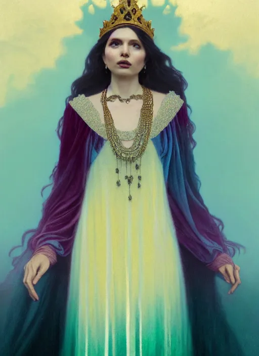 Image similar to ombre velvet gown, lovely queen, portrait, long raven hair, small crown, dozens of jeweled necklaces, feral languid hannah murray, by greg rutkowski, anato finnstark, alphonse mucha, global illumination, radiant light