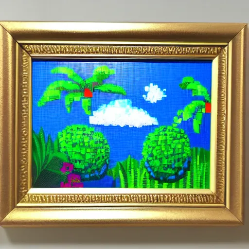 Image similar to a framed painting of a beautiful pixel art tropical landscape