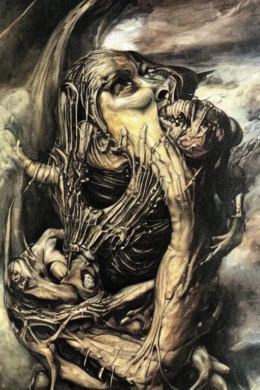 Image similar to canvas painting of saturn devouring his son in the syle of giger, giger art, francisco goya, mural, wall painting, extremely detailed, museum