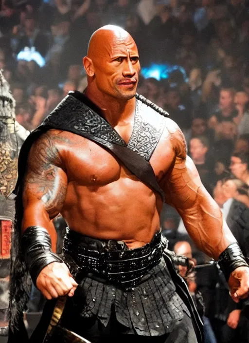 Image similar to dwayne johnson entering entrances ramp of smackdown as samurai!